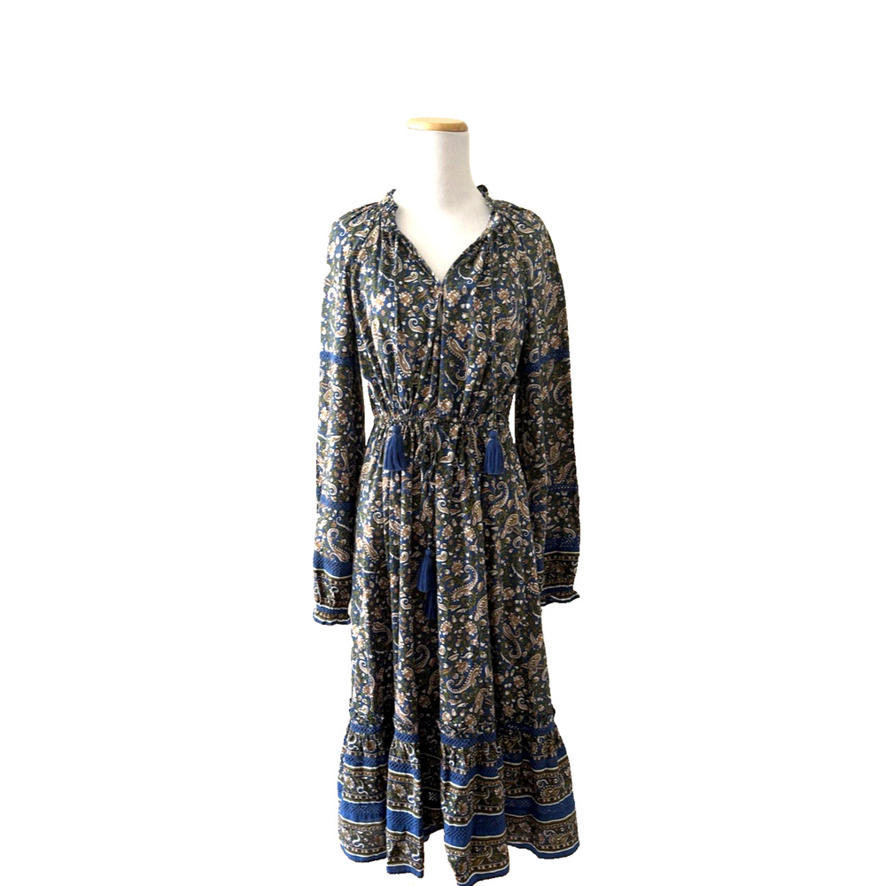 Veronica Beard Sahana Midi Dress M Blue Paisley Cotton Tassel Ties Ruffle Hem